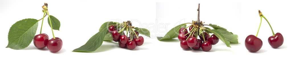 Collection of ripe berries with leaves isolated on white background. Red cherries, fruit set with vitamins