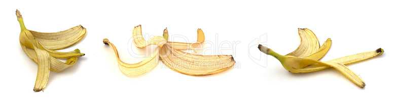 Collage of banana peel for compost isolated on white background close up.