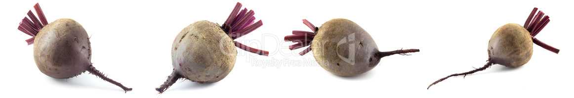 4 red beets, vegetables isolated on white background close up, set of four photos.