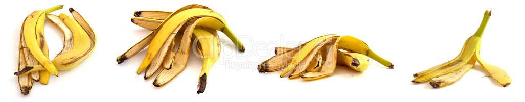 Collection of banana peels isolated on white background. Set of close-up photos of organic waste.