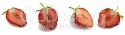 Collage of 4 photos of strawberries in section isolated on white background.