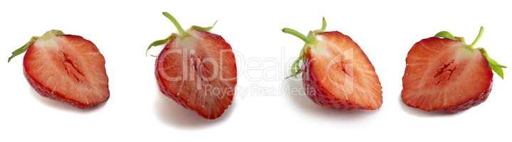 Collage of 4 photos of strawberries in section isolated on white background.