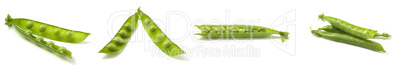 Collection of photos of young pea pods isolated on white background.