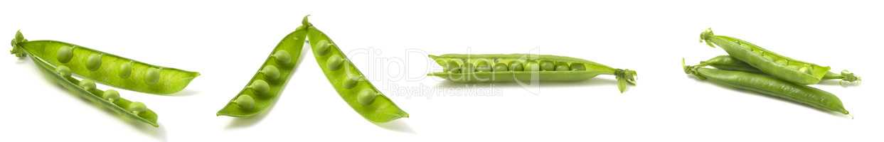 Collection of photos of young pea pods isolated on white background.