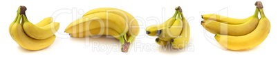 Collection of 4 photos, a branch of several bananas from different angles, isolated on white background.