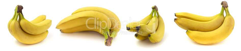 Collection of 4 photos, a branch of several bananas from different angles, isolated on white background.