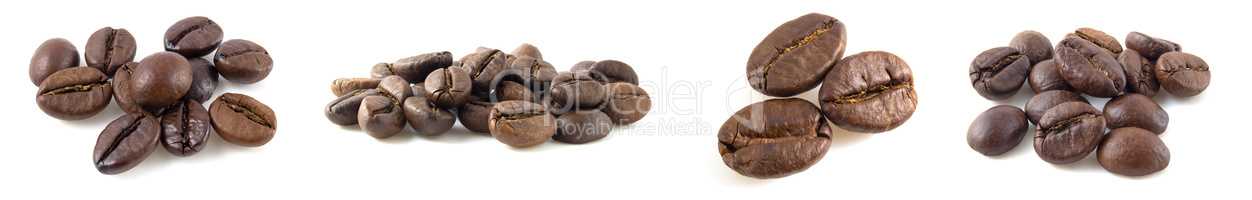 Set of photos of roasted coffee beans isolated on white background.