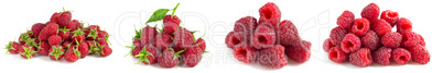 Set of handfuls of raspberries isolated on white background. Collage of 4 photos.