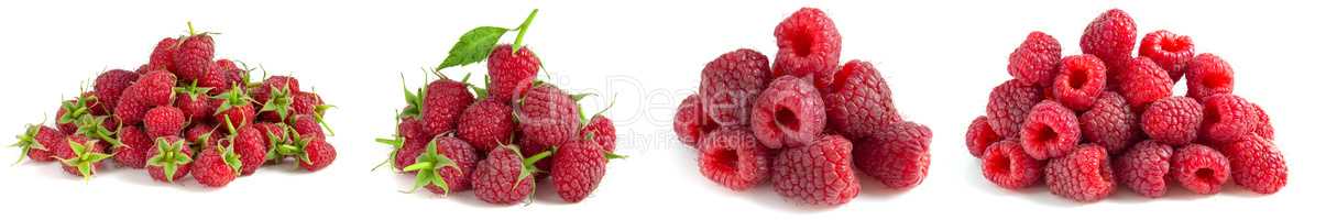 Set of handfuls of raspberries isolated on white background. Collage of 4 photos.