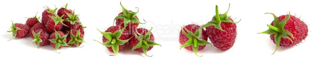 Raspberries isolated on white background. Set of different composition of ripe berries.