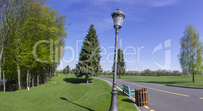 Night lantern by the road through the park, clear blue sky and green lawn with lawn grass.