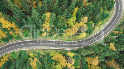 View of a winding mountain road in autumn. Top view from drone on winding road in forest