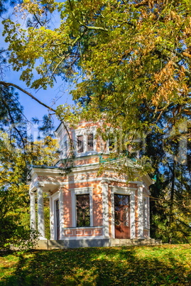 Pavilion on the island in the Sofiyivsky arboretum. Uman, Ukrain