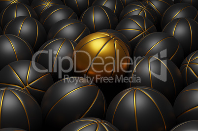 Many black basketballs with one golden basketball stands out
