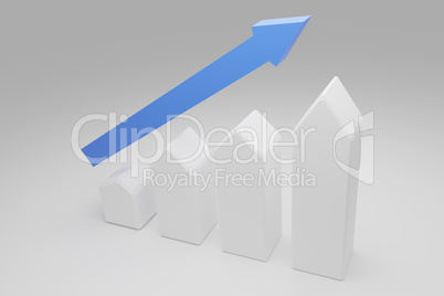 Puristic house shapes with a blue upswing arrow, 3d rendering