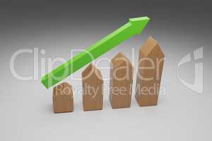 Puristic wooden house shapes with a green upswing arrow, 3d rend