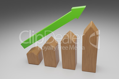 Puristic wooden house shapes with a green upswing arrow, 3d rend