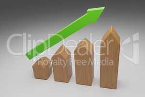 Puristic wooden house shapes with a green upswing arrow, 3d rend