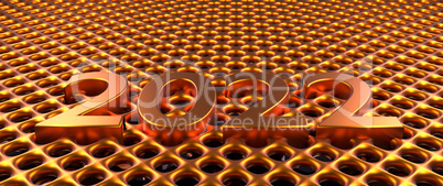Golden metal grid background with Year 2022, 3d rendering