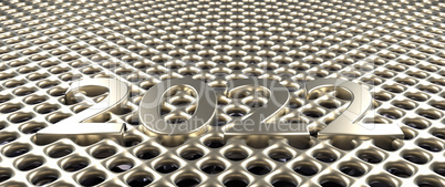 Silver metal grid background with Year 2022, 3d rendering