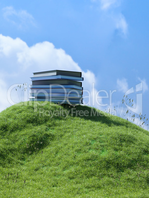 Pile of books on a small grassy hill