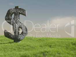 A rock in the shape of a Dollar icon stands on a lush meadow.