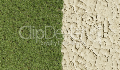 Areal view of landscape with parched earth and lush grassland, d