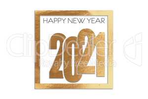 The words Happy New Year with golden 2021 in a golden frame