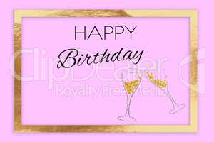 The words Happy Birthday on a pink background with golden frame