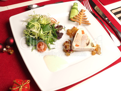 Delicious terrine with poultry liver on a garden salad, appetize