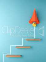 Orange rocket or starship climbing the stairs