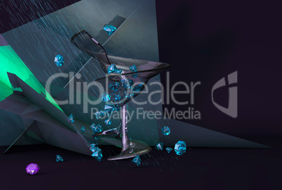 A glass glass filled with purple and blue crystals, on the background of abstract triangles. 3d rendering