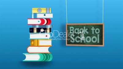 Back to school animation with books and green chalkboard on blue