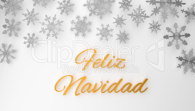 Modern Spanish Merry Christmas background with snowflakes on whi