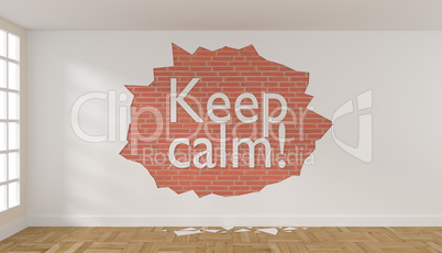 Room with crumbling plaster on the wall and the words Keep calm
