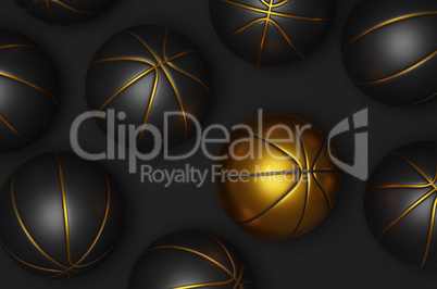 Many black basketballs with a golden basketball