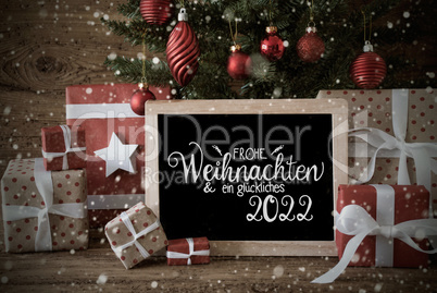 Christmas Tree, Present, Text Glueckliches 2022 Means Happy 2022Snowflakes