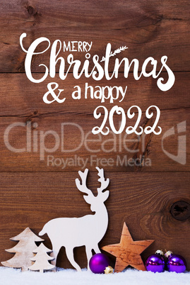 Snow, Deer, Tree, Pruple Ball, Merry Christmas And Happy 2022