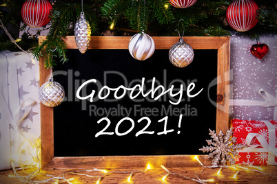 Chalkboard, Tree, Gift, Fairy Lights, Text Goodbye 2021