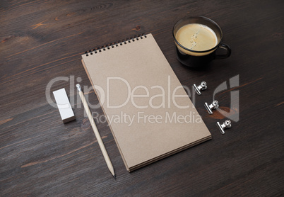 Kraft notebook, pencil, eraser, coffee cup