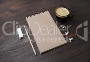 Kraft notebook, pencil, eraser, coffee cup