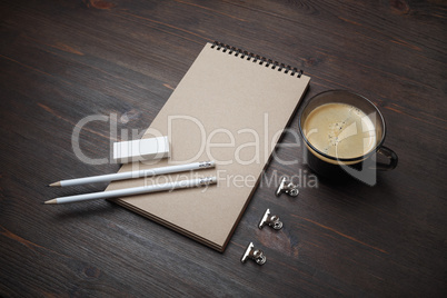 Kraft notepad, pencils, eraser, coffee cup