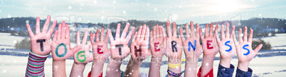 Children Hands Building Word Togetherness, Snowy Winter Background