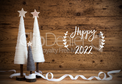 White Christmas Tree, Wooden Background, Text Happy 2022