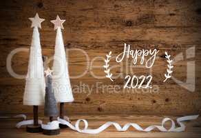 White Christmas Tree, Wooden Background, Text Happy 2022