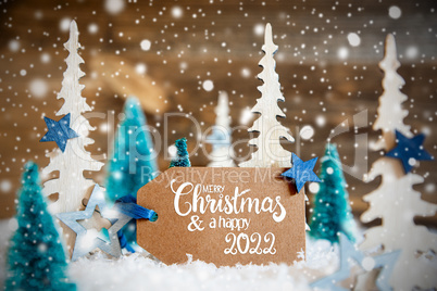 Trees, Snowflakes, Wooden Background, Label, Merry Christmas And Happy 2022