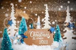 Trees, Snowflakes, Wooden Background, Label, Merry Christmas And Happy 2022