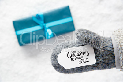 Gray Glove, Turquoise Gift, Label, Snow, Merry Christmas And A Happy 2022
