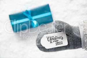 Gray Glove, Turquoise Gift, Label, Snow, Merry Christmas And A Happy 2022