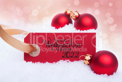 Red Christmas Ball Ornament, Snow, Label, Glueckliches 2022 Mean Happy 2022